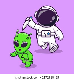 Astronauta Astronauta Cazando A Alien Con Ilustración De Icono Del Vector De Caricatura De Knife. Concepto de icono de la tecnología de la ciencia Vector Premium aislado. Estilo de dibujo plano