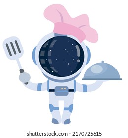 Cute Astronaut Chef Cooking Illustration Icons Vector Cartoon. Premium Isolated Vector Science Food Icon Concept. Space Chef