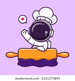 Cute Astronaut Chef Cooking Space Cartoon Vector Icon Illustration. Science Food Icon Concept Isolated Premium Vector. Flat Cartoon Style