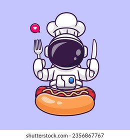 Cute Astronaut Chef Eating Hotdog Cartoon Vector Icon Illustration. Science Food Icon Concept Isolated Premium Vector. Flat Cartoon Style