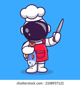 Cute Astronaut Chef With Fish And Knife Cartoon Vector Icon Illustration Science Food Icon Concept Isolated Premium Vector. Flat Cartoon Style