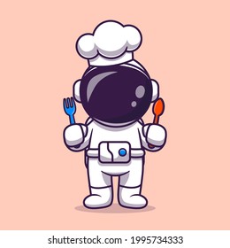 Cute Astronaut Chef With Fork And Spoon Cartoon Vector Icon Illustration. Science Profession  Icon Concept Isolated Premium Vector. Flat Cartoon Style