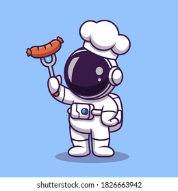 Cute Astronaut Chef With Grill Sausage Cartoon Vector Icon Illustration. Science Food Icon Concept Isolated Premium Vector. Flat Cartoon Style