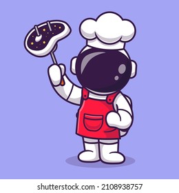 Cute Astronaut Chef With Grilled Meat Cartoon Vector Icon Illustration. Science Food Icon Concept Isolated Premium Vector. Flat Cartoon Style