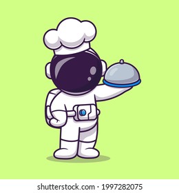 Cute Astronaut Chef Holding Cloche Food Plate Cartoon Vector Icon Illustration. Science Profession Icon Concept Isolated Premium Vector. Flat Cartoon Style