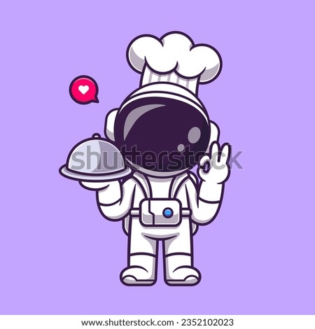 Cute Astronaut Chef Holding Serving Food Cartoon Vector Icon Illustration. Science Food Icon Concept Isolated Premium Vector. Flat Cartoon Style