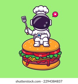 Cute Astronaut Chef Holding Spatula on Burger Cartoon Vector Icon Illustration. Science Food Icon Concept Isolated Premium Vector. Flat Cartoon Style