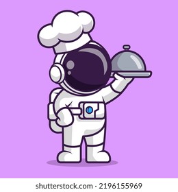 Cute Astronaut Chef Serving Food Cartoon Vector Icon Illustration. Science Food Icon Concept Isolated Premium Vector. Flat Cartoon Style