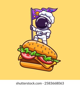 Cute Astronaut Chef Standing On Burger With Flag Cartoon 
Vector Icon Illustration. Science Food Icon Concept Isolated 
Premium Vector. Flat Cartoon Style