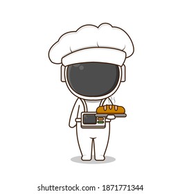 Cute astronaut as chef. Vector illustration of chibi character isolated on white background.