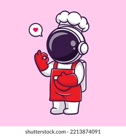 Cute Astronaut Chef Wearing Apron Cartoon Vector Icon Illustration Science Food Icon Concept Isolated Premium Vector. Flat Cartoon Style