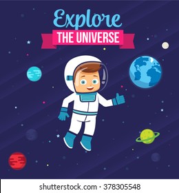  Cute Astronaut Child Design. Vector Child Illustration in the space with planets, stars, Earth globe. Explore The Universe Boy. Ideal for Children's Book Cover