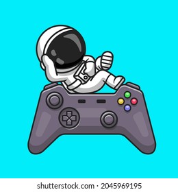 Astronauta Cute Relajación del Chill en la Ilustración del Vector de Caricatura del controlador de juegos. Concepto de icono de ciencia de tecnología Vector Premium aislado. Estilo de dibujo plano 