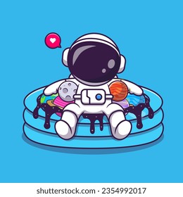 Cute Astronaut Chill In Space Pool With Planet Balloon Cartoon Vector Icon Illustration. Science Holiday Icon Concept Isolated Premium Vector. Flat Cartoon Style