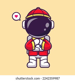 Cute Astronaut Chinese Greeting Cartoon Vector Icon Illustration. Science Holiday Icon Concept Isolated Premium Vector. Flat Cartoon Style