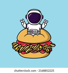 Cute Astronaut In Chip Butty With Peace Hand Cartoon Vector Icon Illustration. Science Food Icon Concept Isolated Premium Vector.