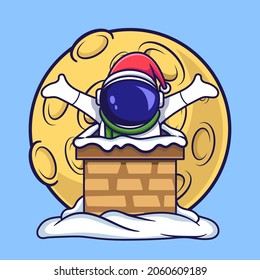 cute astronaut Christmas character went into the chimney of the house. flat cartoon style