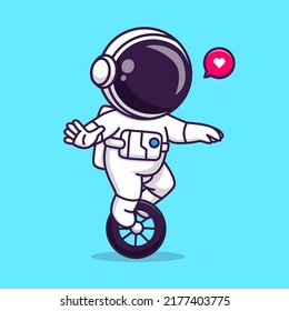 Cute Astronaut Circus With Unicycle Bike Cartoon Vector Icon Illustration Science Transportation Icon Concept Isolated Premium Vector. Flat Cartoon Style