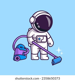 Cute Astronaut Cleaning With Vacuum Cleaner Cartoon Vector Icon Illustration. Science Healthy Icon Concept Isolated Premium Vector. Flat Cartoon Style