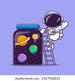 Cute Astronaut Climbing Jar Space With Ladder Cartoon Vector  Icon Illustration. Science Technology Icon Concept Isolated Premium Vector. Flat Cartoon Style