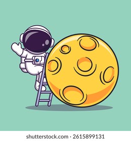 Cute Astronaut Climbing Moon With Ladder Cartoon Vector Icon Illustration. Science Technology Icon Concept Isolated Premium Vector. Flat Cartoon Style