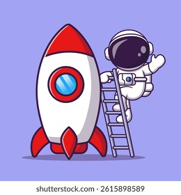 Cute Astronaut Climbing Rocket With Ladder Cartoon Vector Icon Illustration. Science Technology Icon Concept Isolated Premium Vector. Flat Cartoon Style