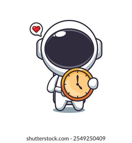 Cute astronaut with clock cartoon vector illustration. vector cartoon illustration suitable for poster, brochure, web, mascot, sticker, logo and icon.