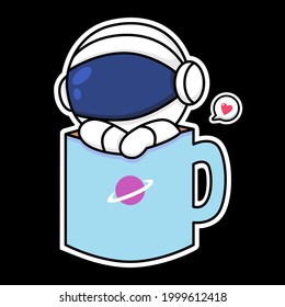 Cute astronaut in the coffee cup cartoon illustration