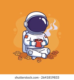 Cute astronaut with coffee cup and leafs in autum. vector illustration