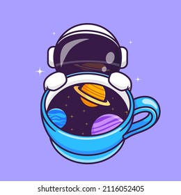 Cute Astronaut With Coffee Space Cup Cartoon Vector Icon Illustration. Science Drink Icon Concept Isolated Premium Vector. Flat Cartoon Style