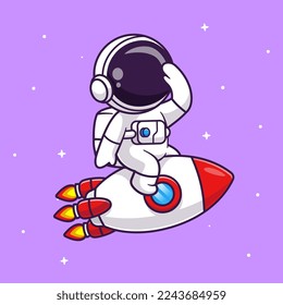 Cute Astronaut Confused On Rocket In Space Cartoon Vector Icon Illustration. Science Technology Icon Concept Isolated Premium Vector. Flat Cartoon Style
