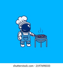 Cute astronaut is cooking barbecue
