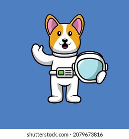 Cute Astronaut Corgi Dog Holding Helmet Cartoon Vector Icon Illustration. Animal Science Icon Concept Isolated Premium Vector. Flat Cartoon Style