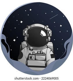 Cute astronaut or cosmonaut cartoon mascot character alone, lonely flies on dark sky with stars in outer space illustration, good for science education content for kid or children