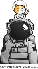 Cute astronaut cosmonaut with cat on his head, catstronaut character cartoon mascot vector icon illustration isolated on white, good for science educational astronomy funny for kid and children