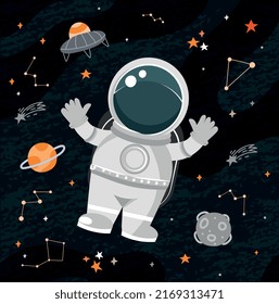 Cute Astronaut at cosmos. Character explores space, galaxies and universes. Scientific research, modern technology and innovation. Man among stars and planets. Cartoon flat vector illustration