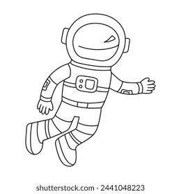 Lindo astronauta en el cosmos. Ilustración de libro para colorear. Dibujado a mano dibujo animado doodle