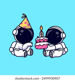 Cute Astronaut Couple With Birthday Cake Cartoon Vector Icon Illustration. Science Holiday Icon Concept Isolated Premium Vector. Flat Cartoon Style