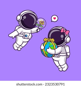 Pareja Astronauta Cuidada Con Flor Y Globe De La Tierra Ilustración Del Vector De Dibujo. Concepto de icono de la tecnología de la ciencia Vector Premium aislado. Estilo de dibujo plano