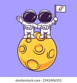 Cute Astronaut Couple Holding Rocket Flag Cartoon Vector Icon Illustration. Science Technology Icon Concept Isolated Premium Vector. Flat Cartoon Style