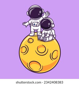 Cute Astronaut Couple On Moon Cartoon Vector Icon Illustration. Science Technology Icon Concept Isolated Premium Vector. Flat Cartoon Style