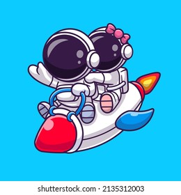 Cute Astronaut Couple Riding Rocket Cartoon Vector Icon Illustration. Science Technology Icon Concept Isolated Premium Vector. Flat Cartoon Style