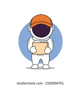 
Cute astronaut courier with cat ears holding paper box, flat vector illustration isolated on white background. Futuristic artificial intelligence delivery. Cartoon character of astronaut mascot.