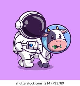 Cute Astronaut With Cow Astronaut Cartoon Vector Icon Illustration. Science Animal Icon Concept Isolated Premium Vector. Flat Cartoon Style 