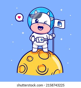 Cute Astronauta Vaca Con Leche De Bandera En La Ilustración Icono Del Vector De Caricatura De La Luna. Concepto de icono animal de ciencia Vector Premium aislado. Estilo de dibujo plano