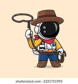 Cute Astronaut Cowboy Holding Rope Cartoon Vector Icon Illustration. Science Holiday Icon Concept Isolated Premium Vector. Flat Cartoon Style