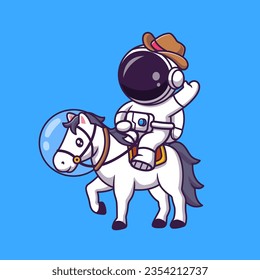 Astronauta Astronauta Cowboy Montando A Caballo Ilustración Icono Vector De Caricatura. Concepto de icono animal de ciencia Vector Premium aislado. Estilo de dibujo plano