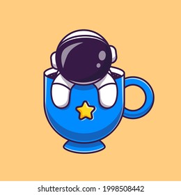 Cute Astronaut In Cup Coffee Cartoon Vector Icon Illustration. Science Drink Icon Concept Isolated Premium Vector. Flat Cartoon Style