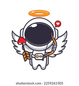 Cute astronaut cupid cartoon character holding love arrow.