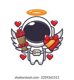 Cute Astronaut cupid Cartoon Charakter mit Liebe Geschenk und Liebe Bouquet.